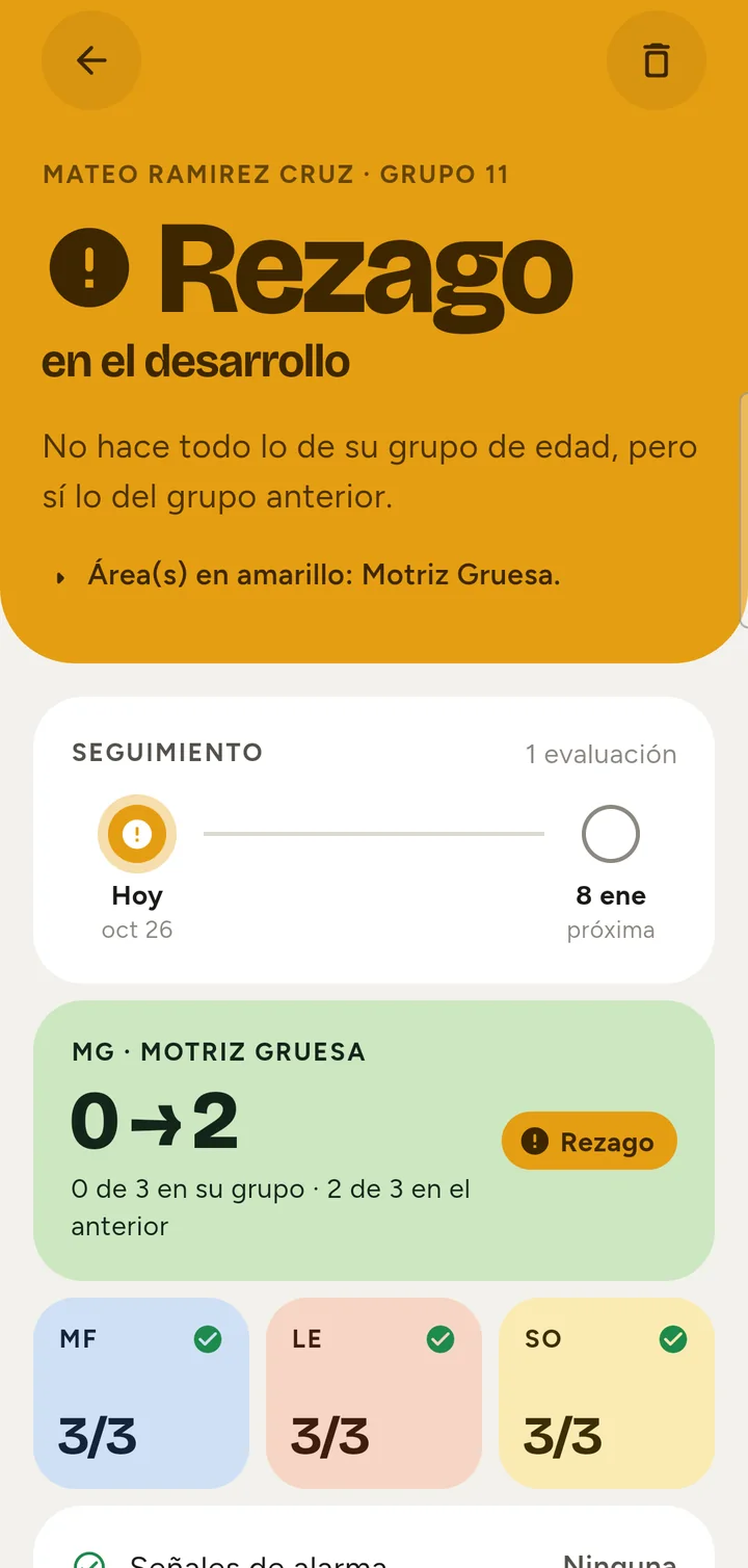 Resultado de la Prueba EDI en amarillo: rezago en el desarrollo, con el área motriz gruesa señalada