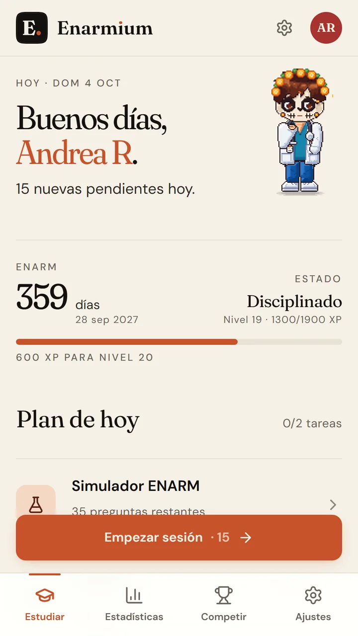 Pantalla de inicio de ENARMIUM con los días restantes para el ENARM y el plan del día