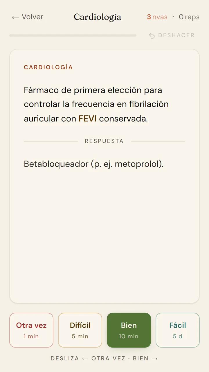 Flashcard de cardiología en ENARMIUM con calificación de repaso espaciado