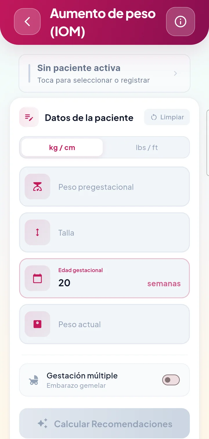 Calculadora de ganancia de peso gestacional IOM en Obstetrum